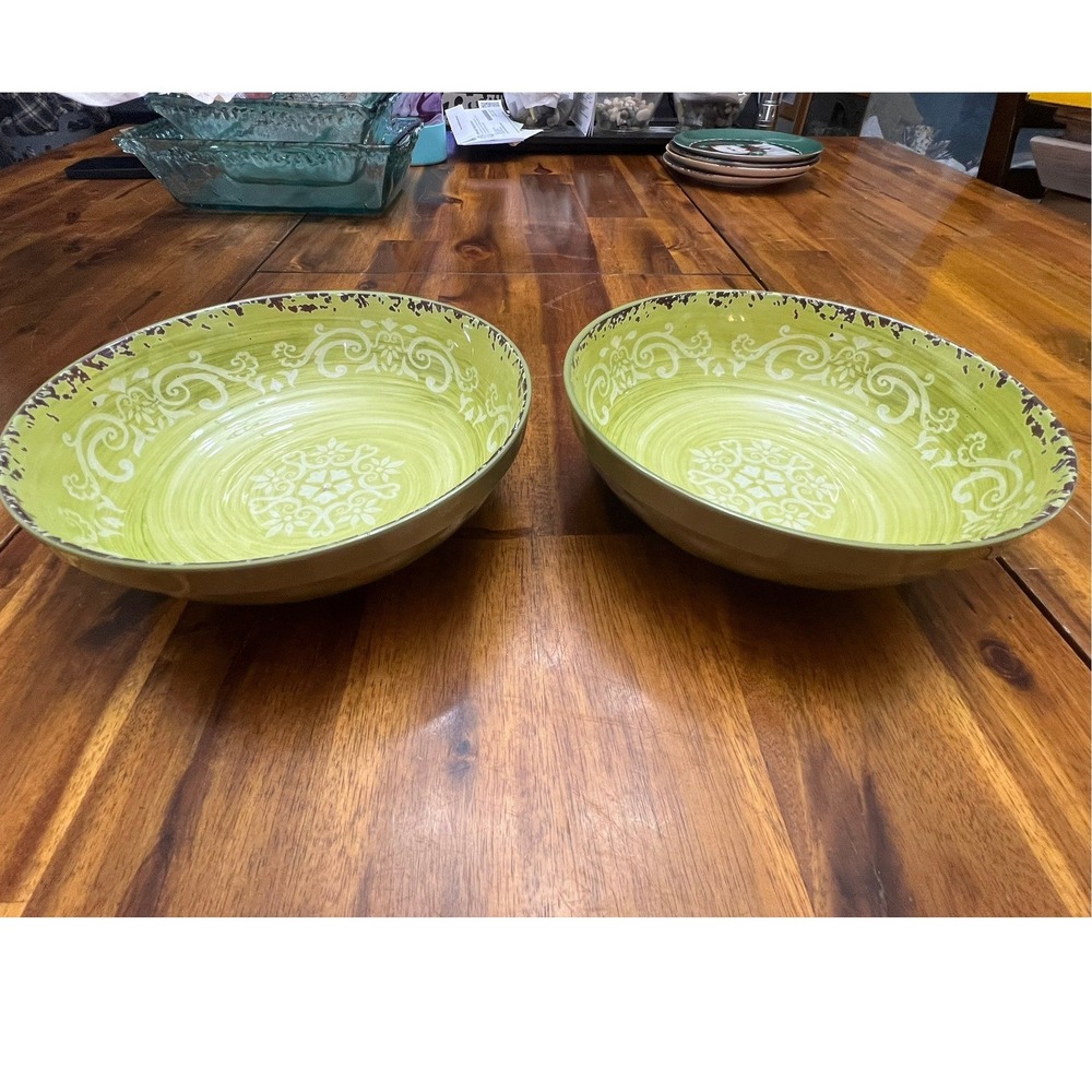 Palm Restaurant Pasta Salad Bowls Set of 2 8" Green Very Good Scroll Distressed - Picture 5 of 8